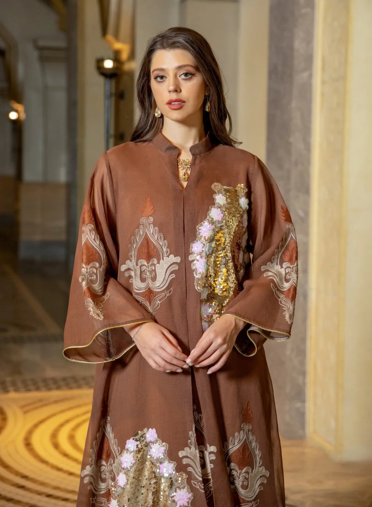 Kaftan Muslim Abaya Clothes for Muslim Women Summer Fashion Muslim Women Long Sleeve V-neck Sequin Long Maxi Dress Dubai Abaya