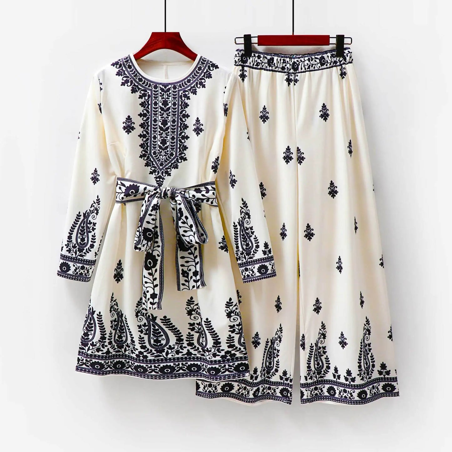 Muslim 2 Piece Set Women Print Blouse Dubai India Top Wide Leg Pants Suit Morocco Musulman Ensemble Casual Femme Arabic Outfits