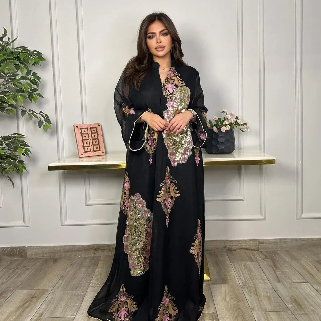 Kaftan Muslim Abaya Clothes for Muslim Women Summer Fashion Muslim Women Long Sleeve V-neck Sequin Long Maxi Dress Dubai Abaya