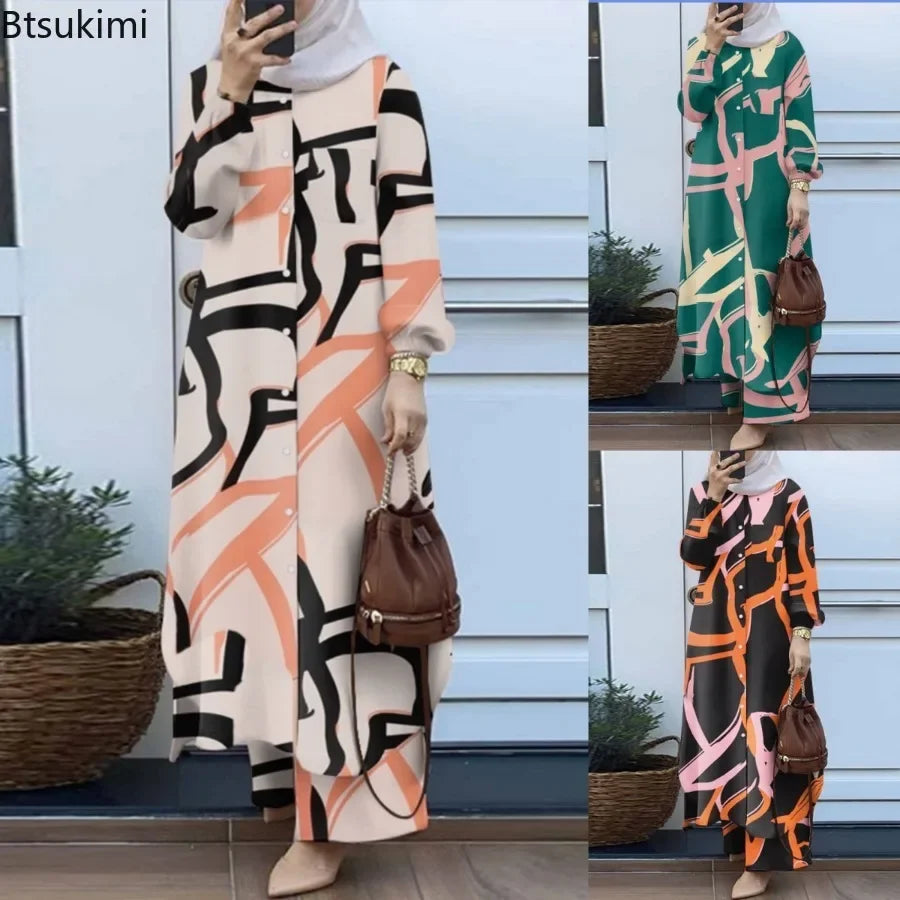 Women Muslim Matching Sets Retro Floral Print Long-style Shirt & Wide Leg Pants Sets Fashion Muslim Female Suit Dubai Tracksuits