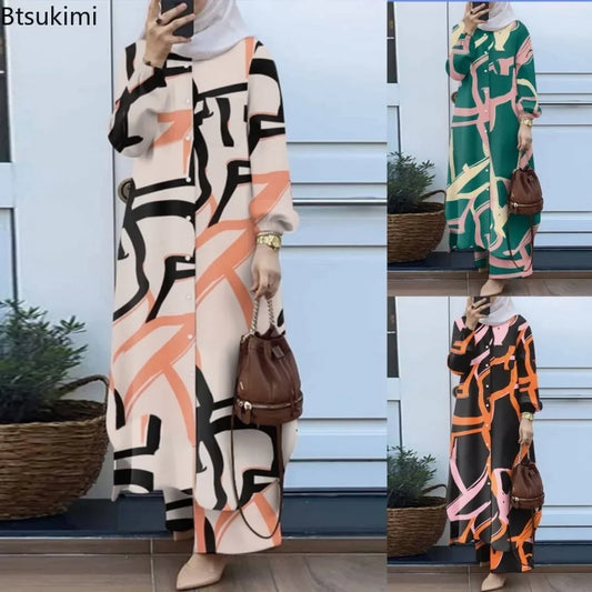 Women Muslim Matching Sets Retro Floral Print Long-style Shirt & Wide Leg Pants Sets Fashion Muslim Female Suit Dubai Tracksuits