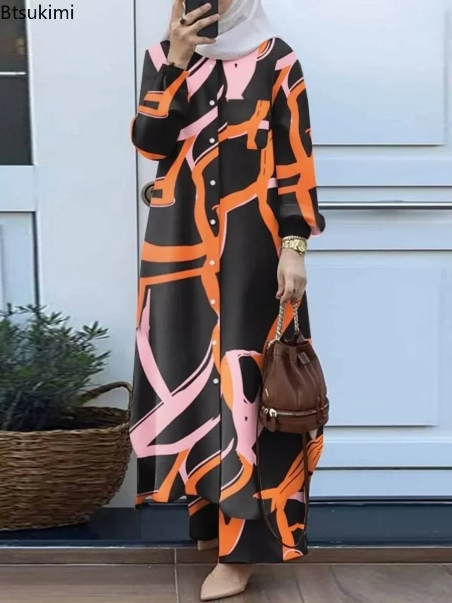 Women Muslim Matching Sets Retro Floral Print Long-style Shirt & Wide Leg Pants Sets Fashion Muslim Female Suit Dubai Tracksuits