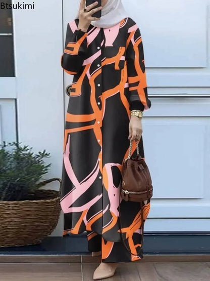 Women Muslim Matching Sets Retro Floral Print Long-style Shirt & Wide Leg Pants Sets Fashion Muslim Female Suit Dubai Tracksuits