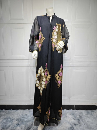 Kaftan Muslim Abaya Clothes for Muslim Women Summer Fashion Muslim Women Long Sleeve V-neck Sequin Long Maxi Dress Dubai Abaya