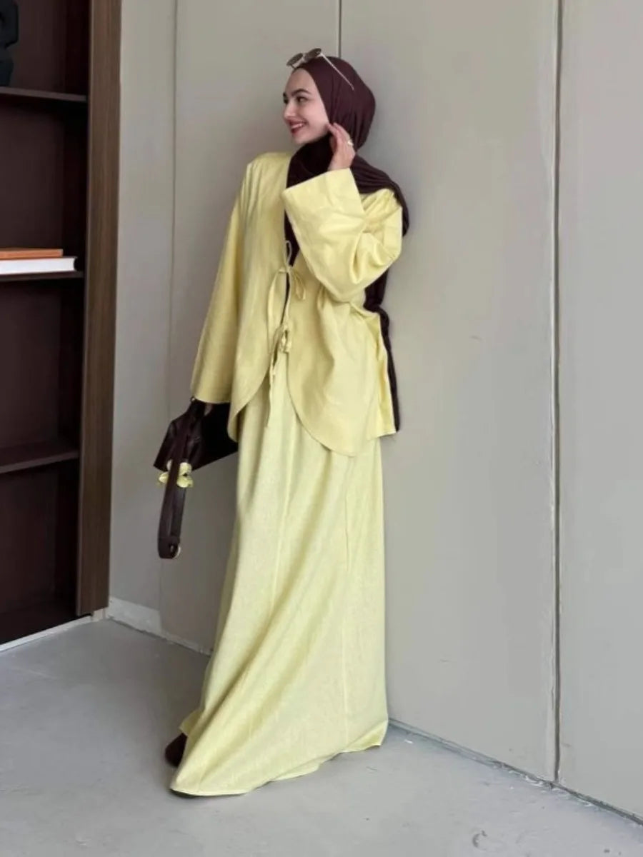 Muslim Two Piece Set Women Lace-up Shirt Skirt Suits Ramadan Morocco Dubai Long Skirts Islam Outfits Jalabiya Musulman Ensemble