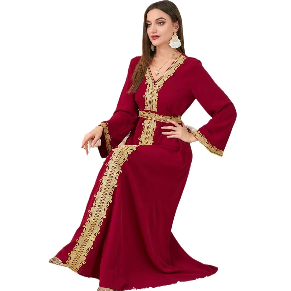 Muslim Women's Clothing, Solid Color Patchwork Basic Style, Loose Embroidery, Long Skirt, Dress, Long-Sleeved Dress