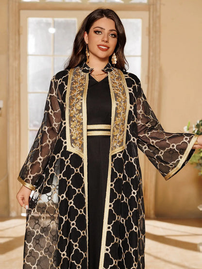 Muslim Dresses 2 Piece Sets for Women Moroccan Kaftan Embroidery Jalabiya Ramadan Dubai Open Abayas Islam Vestidos Cardigan Robe