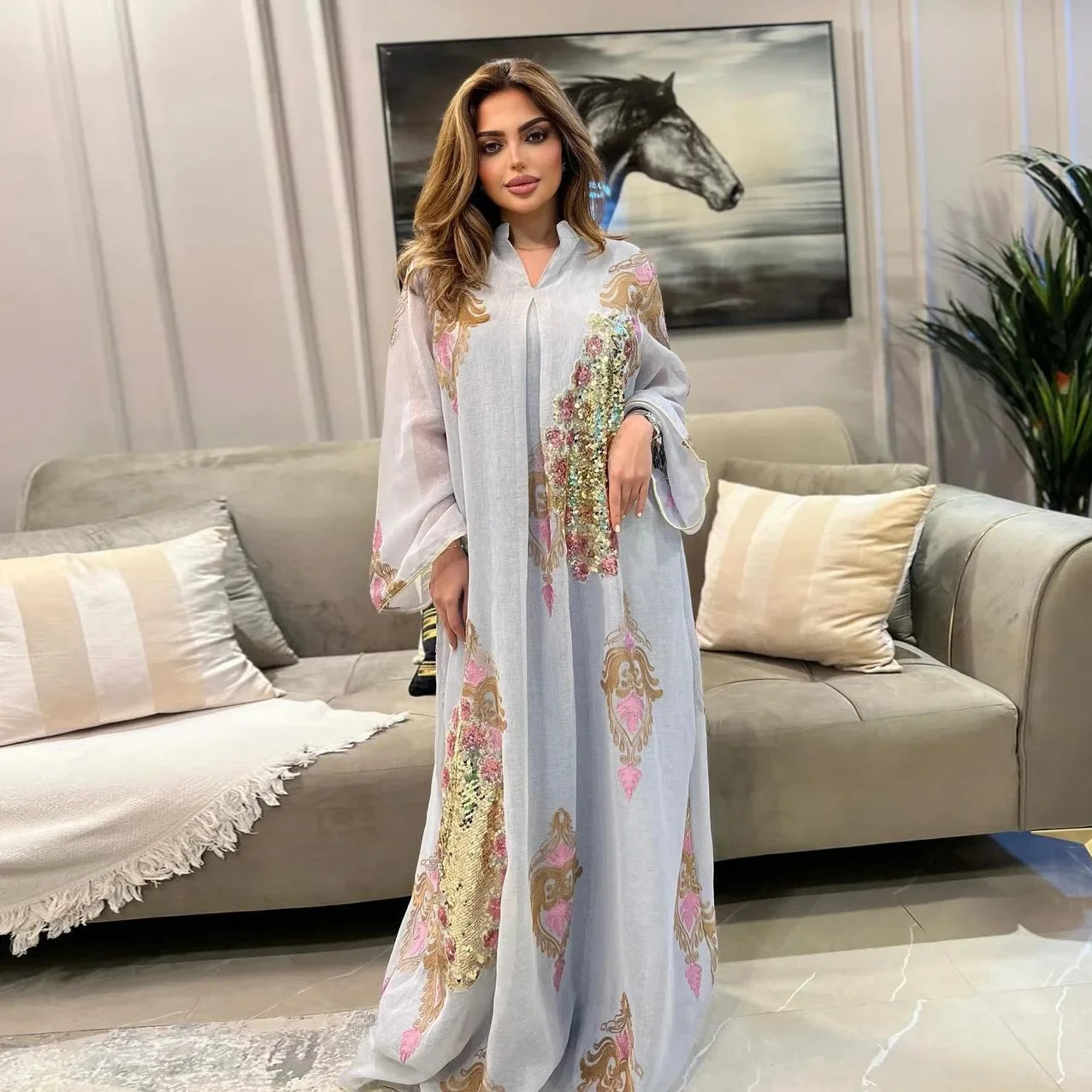 Kaftan Muslim Abaya Clothes for Muslim Women Summer Fashion Muslim Women Long Sleeve V-neck Sequin Long Maxi Dress Dubai Abaya