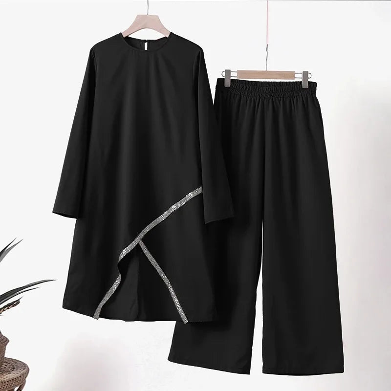 Muslim Two-Piece Set for Women, Long Sleeved Shirt, O-Neck Shirt, Wide Leg Pants, Casual, Luxury, Spring and Autumn