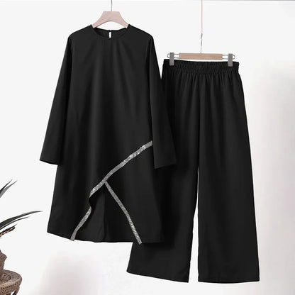 Muslim Two-Piece Set for Women, Long Sleeved Shirt, O-Neck Shirt, Wide Leg Pants, Casual, Luxury, Spring and Autumn