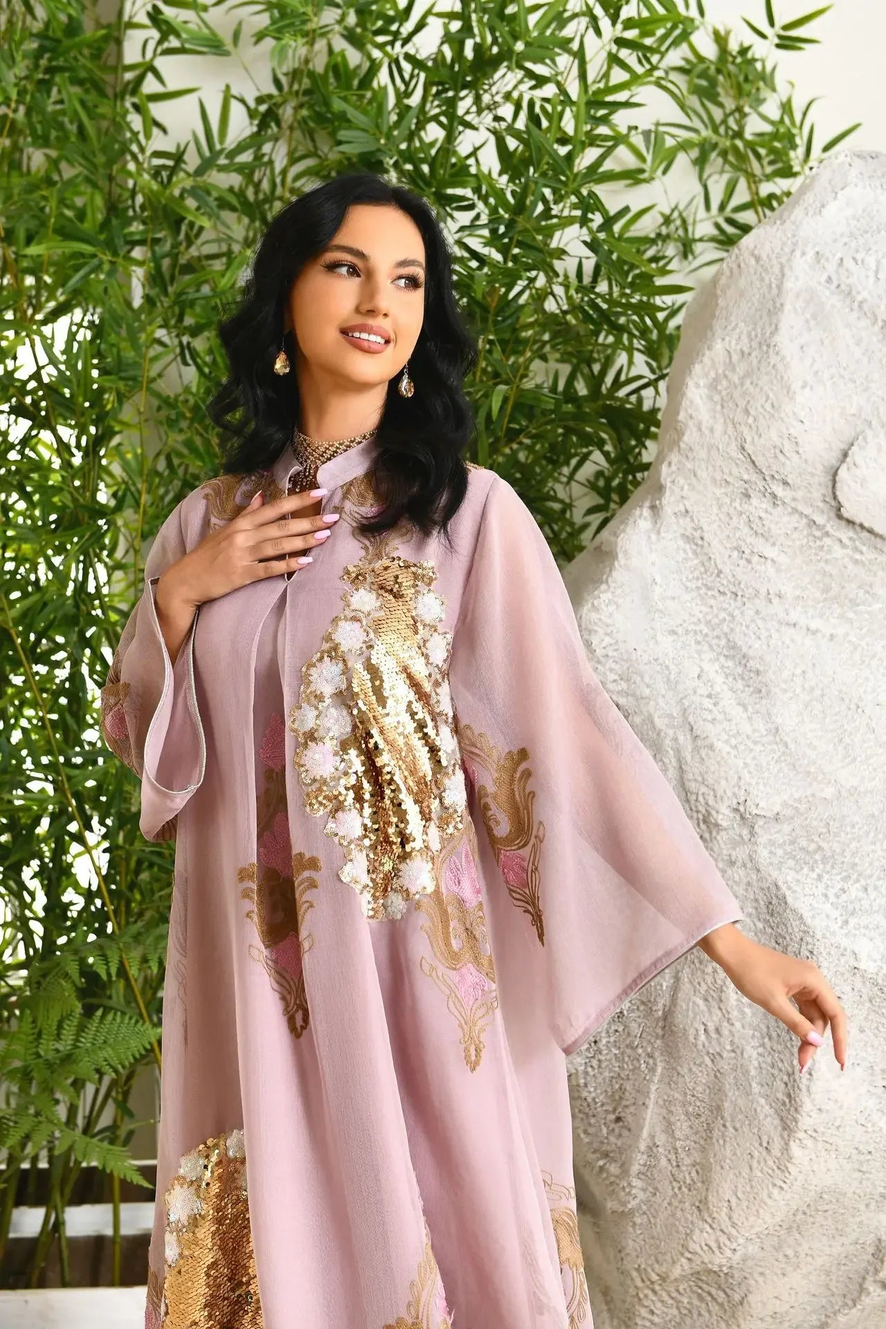 Kaftan Muslim Abaya Clothes for Muslim Women Summer Fashion Muslim Women Long Sleeve V-neck Sequin Long Maxi Dress Dubai Abaya