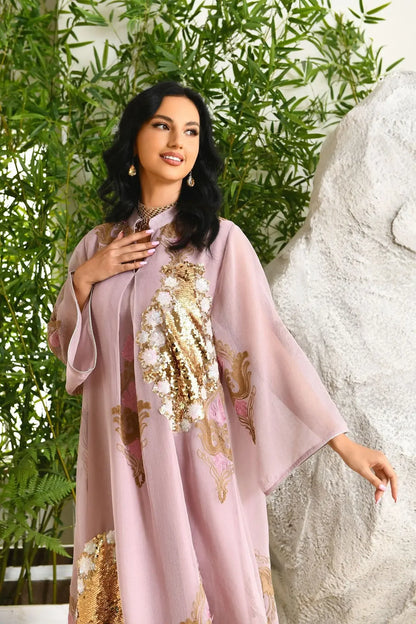 Kaftan Muslim Abaya Clothes for Muslim Women Summer Fashion Muslim Women Long Sleeve V-neck Sequin Long Maxi Dress Dubai Abaya