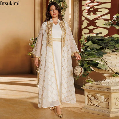 Muslim Dresses 2 Piece Sets for Women Moroccan Kaftan Embroidery Jalabiya Ramadan Dubai Open Abayas Islam Vestidos Cardigan Robe
