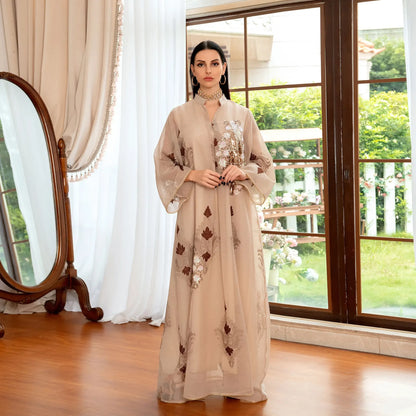 Kaftan Muslim Abaya Clothes for Muslim Women Summer Fashion Muslim Women Long Sleeve V-neck Sequin Long Maxi Dress Dubai Abaya