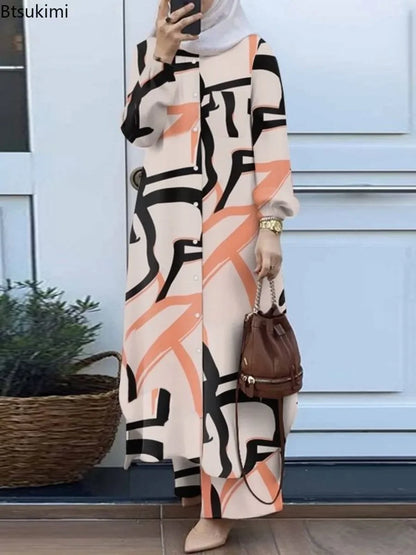 Women Muslim Matching Sets Retro Floral Print Long-style Shirt & Wide Leg Pants Sets Fashion Muslim Female Suit Dubai Tracksuits