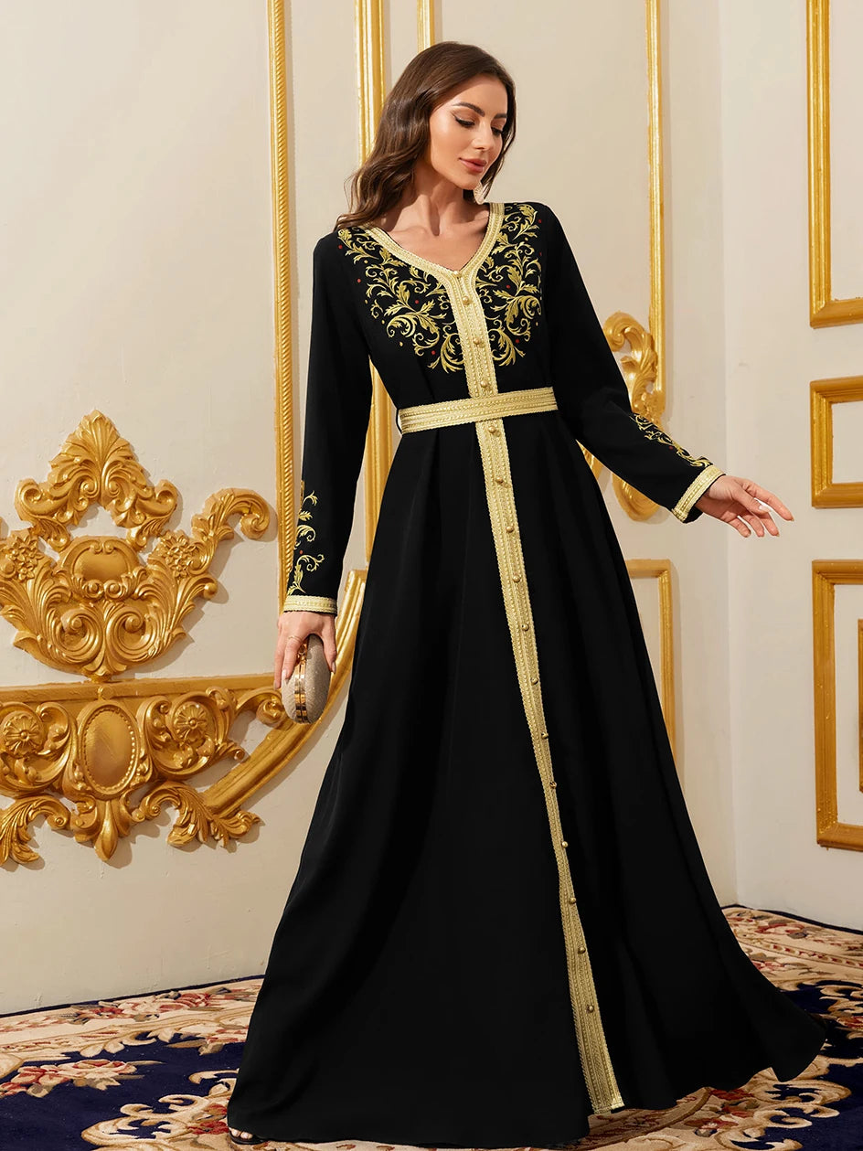 Elegant Muslim Dress with Gold Embroidered Evening Gown, Traditional Islamic Attire