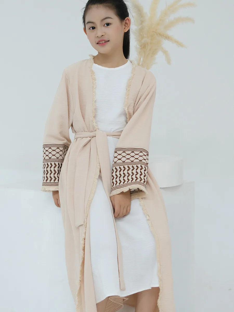 Muslim Kids girls Luxury Dubai Abaya Kimono Cardigan Embroidery tassels Long Dress Ramadan Robe Kaftan Femme Islam Clothing