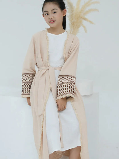 Muslim Kids girls Luxury Dubai Abaya Kimono Cardigan Embroidery tassels Long Dress Ramadan Robe Kaftan Femme Islam Clothing