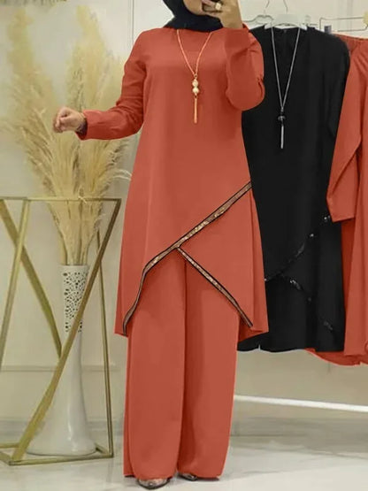 Muslim Two-Piece Set for Women, Long Sleeved Shirt, O-Neck Shirt, Wide Leg Pants, Casual, Luxury, Spring and Autumn