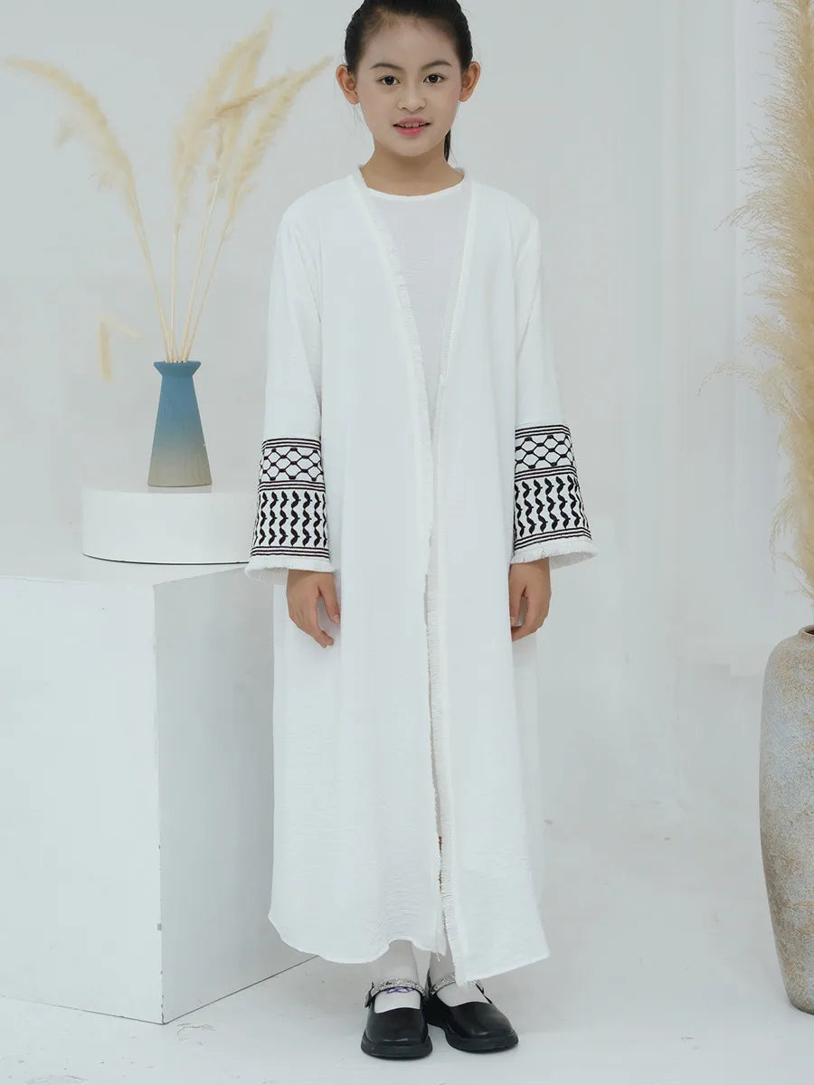 Muslim Kids girls Luxury Dubai Abaya Kimono Cardigan Embroidery tassels Long Dress Ramadan Robe Kaftan Femme Islam Clothing