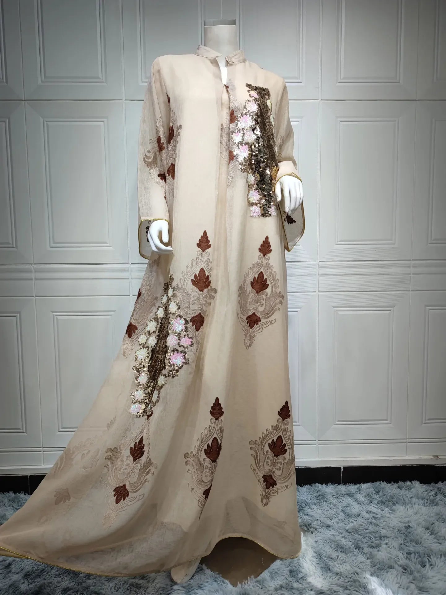 Kaftan Muslim Abaya Clothes for Muslim Women Summer Fashion Muslim Women Long Sleeve V-neck Sequin Long Maxi Dress Dubai Abaya