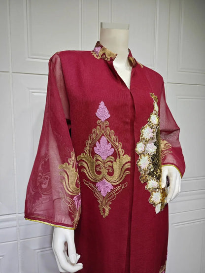 Kaftan Muslim Abaya Clothes for Muslim Women Summer Fashion Muslim Women Long Sleeve V-neck Sequin Long Maxi Dress Dubai Abaya