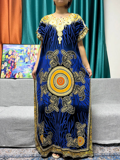 Abayas For Women 2024 New Print Appliques Cotton Traditional Kanga Clothing Loose Femme Robe African Ngeria Dresses With Turban
