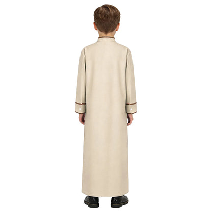 Kids Boys Muslim Thobe Arabic Middle East Loose Kaftan Long Sleeve Stand Collar Pocket Maxi Robe Casual Muslim Child Clothes