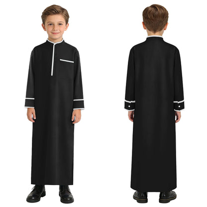 Kids Boys Muslim Thobe Arabic Middle East Loose Kaftan Long Sleeve Stand Collar Pocket Maxi Robe Casual Muslim Child Clothes