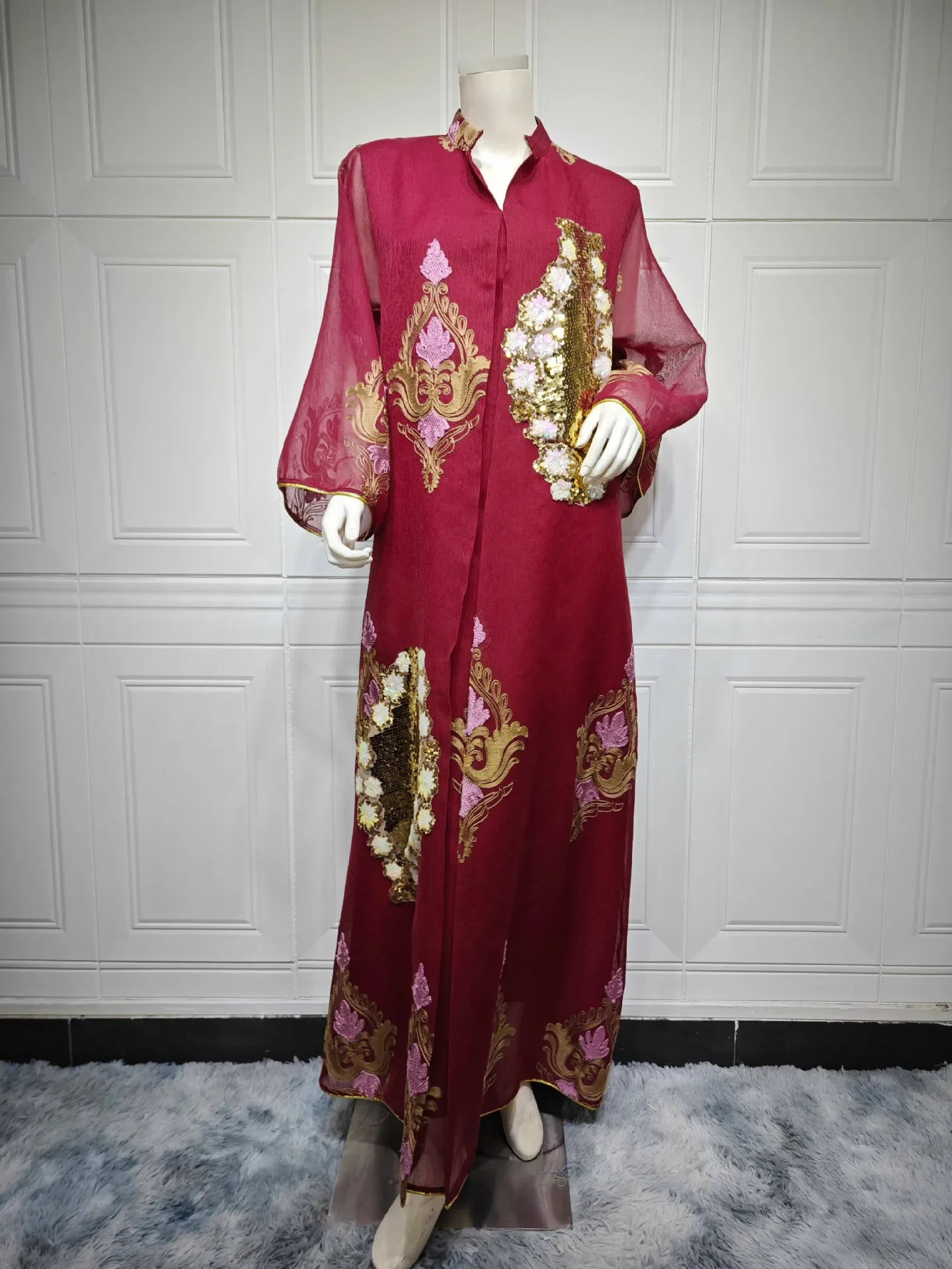 Kaftan Muslim Abaya Clothes for Muslim Women Summer Fashion Muslim Women Long Sleeve V-neck Sequin Long Maxi Dress Dubai Abaya