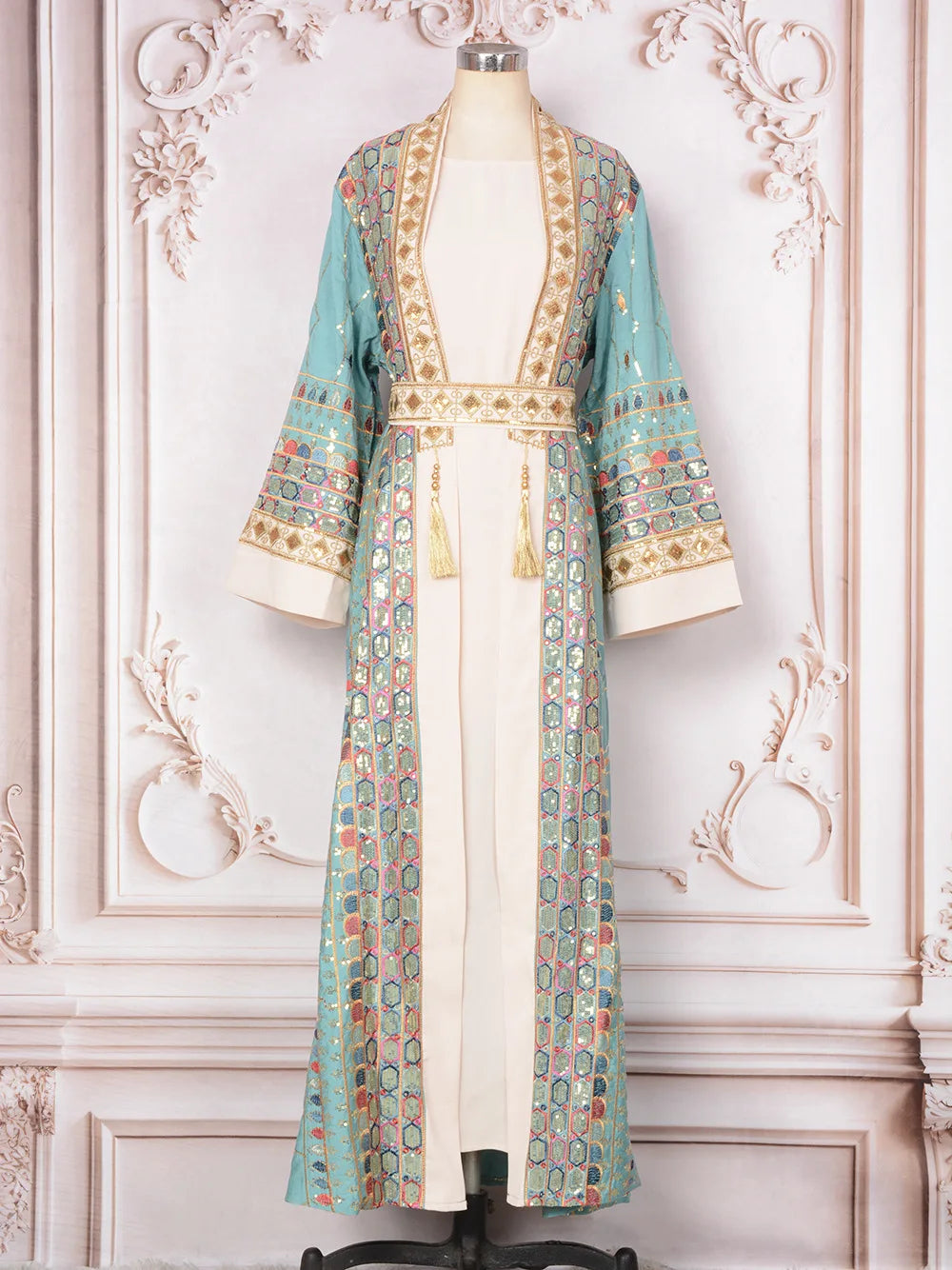 Muslim Two Piece Sets Women Clothing Prom Dresses Fashion Colorful Embroidery Abaya Turkish Kaftan Robe Women Prayer Dress Sets