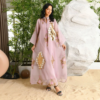Kaftan Muslim Abaya Clothes for Muslim Women Summer Fashion Muslim Women Long Sleeve V-neck Sequin Long Maxi Dress Dubai Abaya