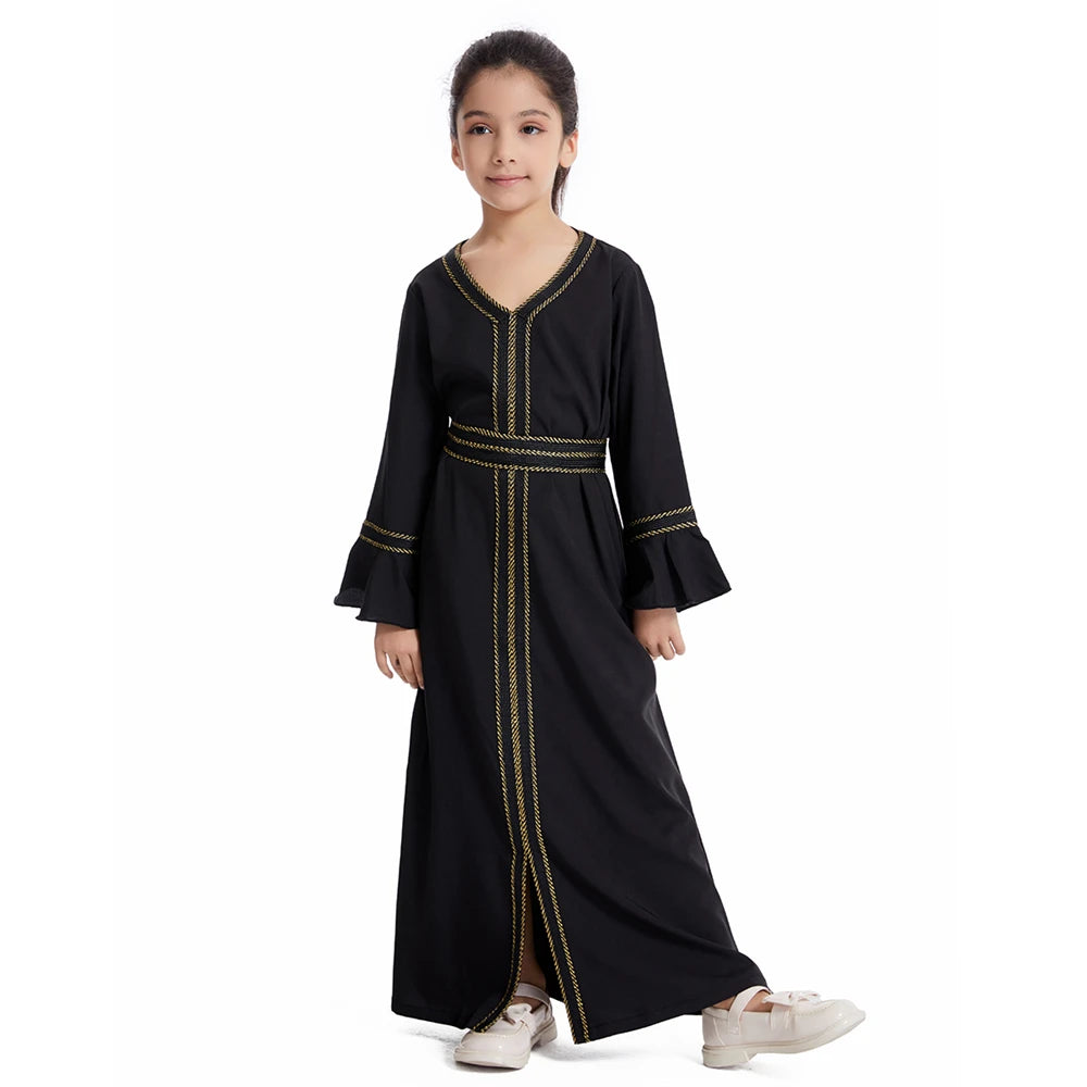 Muslim Kids Girls Maxi Dress Ramadan Eid Djellaba Dubai Abaya Turkey Kaftan Islamic Clothing Arabic Robe Children Prayer Gown