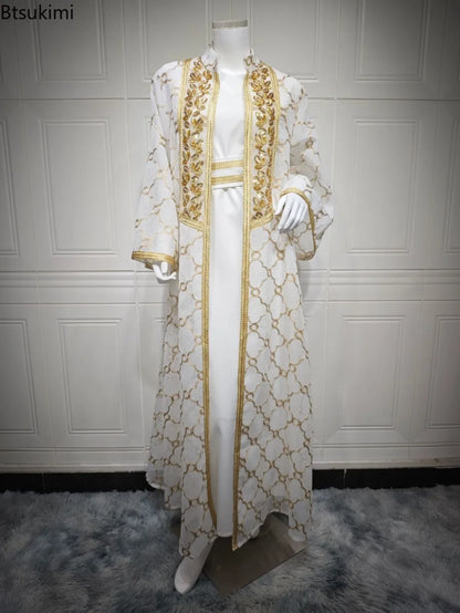 Muslim Dresses 2 Piece Sets for Women Moroccan Kaftan Embroidery Jalabiya Ramadan Dubai Open Abayas Islam Vestidos Cardigan Robe
