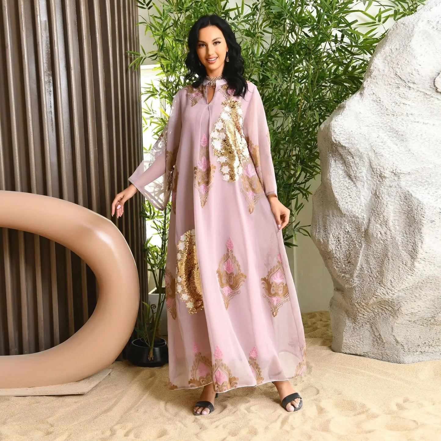 Kaftan Muslim Abaya Clothes for Muslim Women Summer Fashion Muslim Women Long Sleeve V-neck Sequin Long Maxi Dress Dubai Abaya