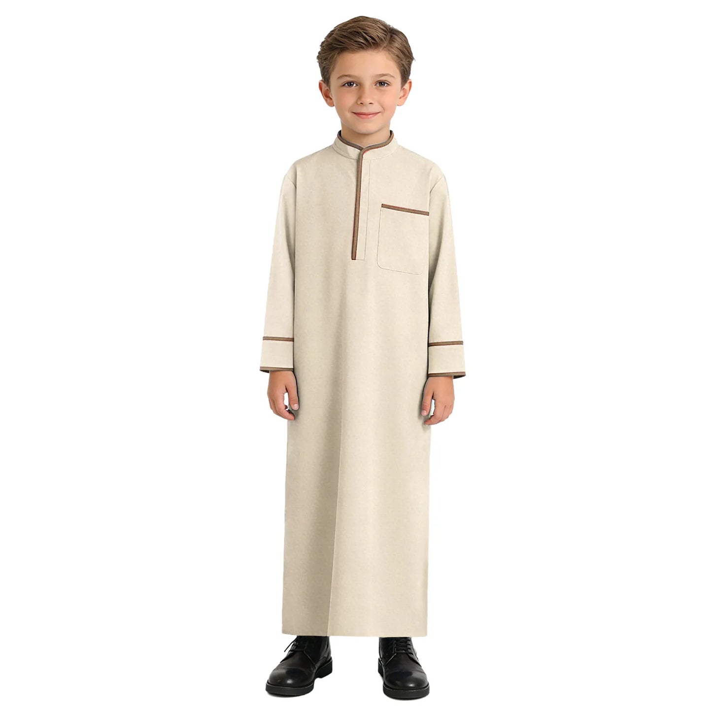 Kids Boys Muslim Thobe Arabic Middle East Loose Kaftan Long Sleeve Stand Collar Pocket Maxi Robe Casual Muslim Child Clothes