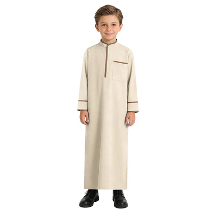 Kids Boys Muslim Thobe Arabic Middle East Loose Kaftan Long Sleeve Stand Collar Pocket Maxi Robe Casual Muslim Child Clothes