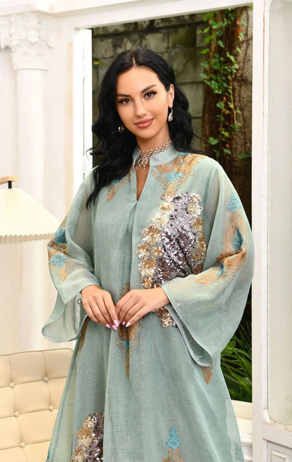 Kaftan Muslim Abaya Clothes for Muslim Women Summer Fashion Muslim Women Long Sleeve V-neck Sequin Long Maxi Dress Dubai Abaya