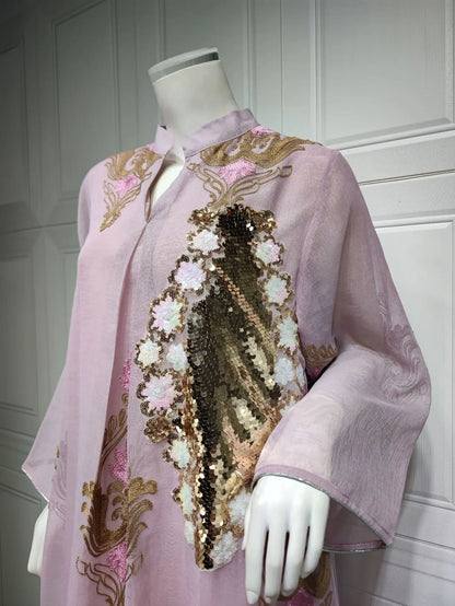 Kaftan Muslim Abaya Clothes for Muslim Women Summer Fashion Muslim Women Long Sleeve V-neck Sequin Long Maxi Dress Dubai Abaya
