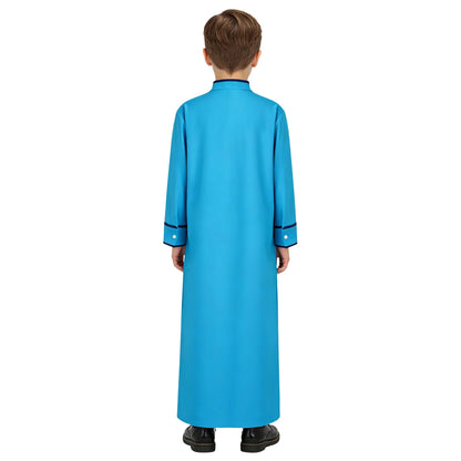 Kids Boys Muslim Thobe Arabic Middle East Loose Kaftan Long Sleeve Stand Collar Pocket Maxi Robe Casual Muslim Child Clothes