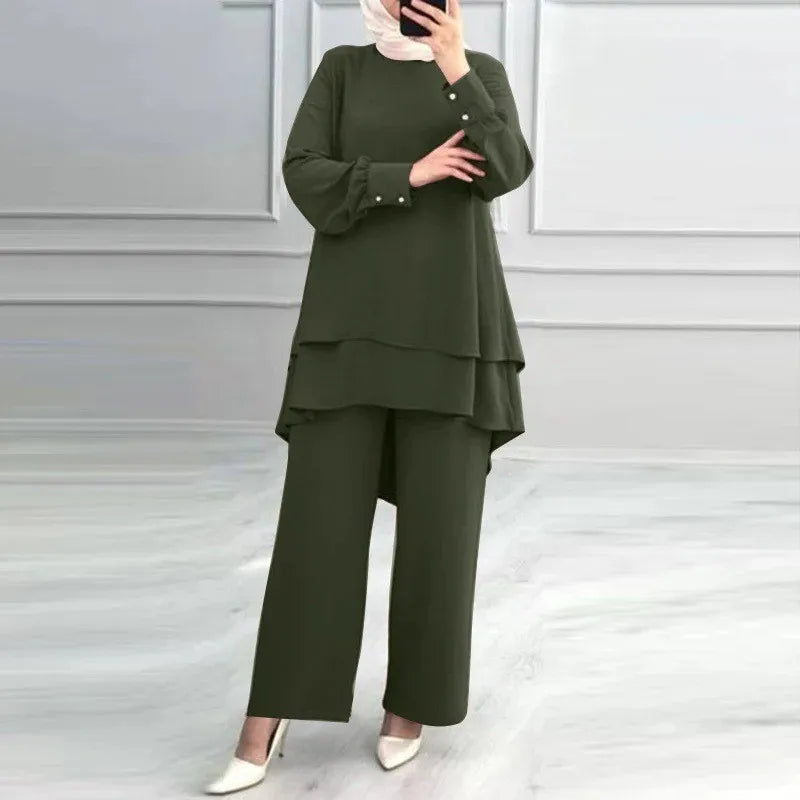 Women Muslim 2 Piece Set Blouse Double Top Wide Leg Pants Suit Morocco Ramadan Casual Ensemble Dubai Arab Trousers Outfits