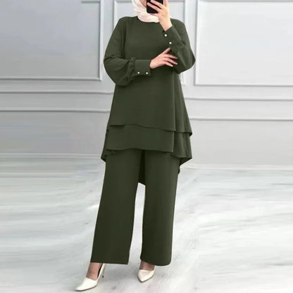 Women Muslim 2 Piece Set Blouse Double Top Wide Leg Pants Suit Morocco Ramadan Casual Ensemble Dubai Arab Trousers Outfits