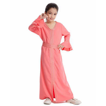 Muslim Kids Girls Maxi Dress Ramadan Eid Djellaba Dubai Abaya Turkey Kaftan Islamic Clothing Arabic Robe Children Prayer Gown