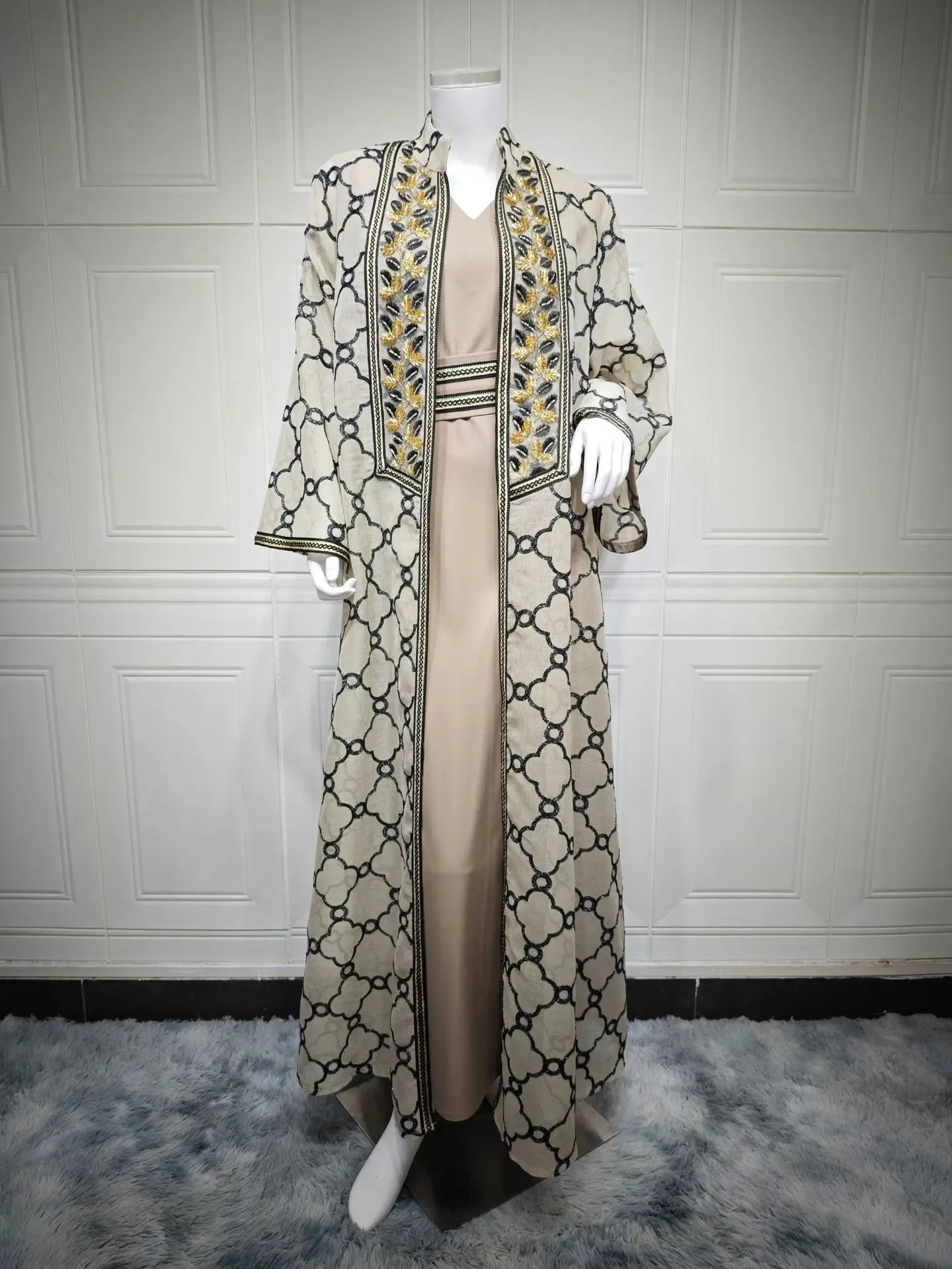 Muslim Dresses 2 Piece Sets for Women Moroccan Kaftan Embroidery Jalabiya Ramadan Dubai Open Abayas Islam Vestidos Cardigan Robe