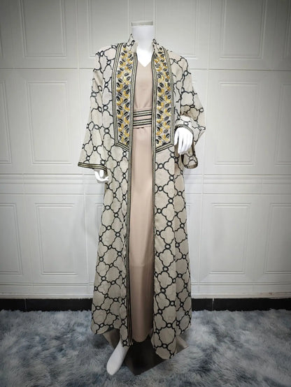 Muslim Dresses 2 Piece Sets for Women Moroccan Kaftan Embroidery Jalabiya Ramadan Dubai Open Abayas Islam Vestidos Cardigan Robe