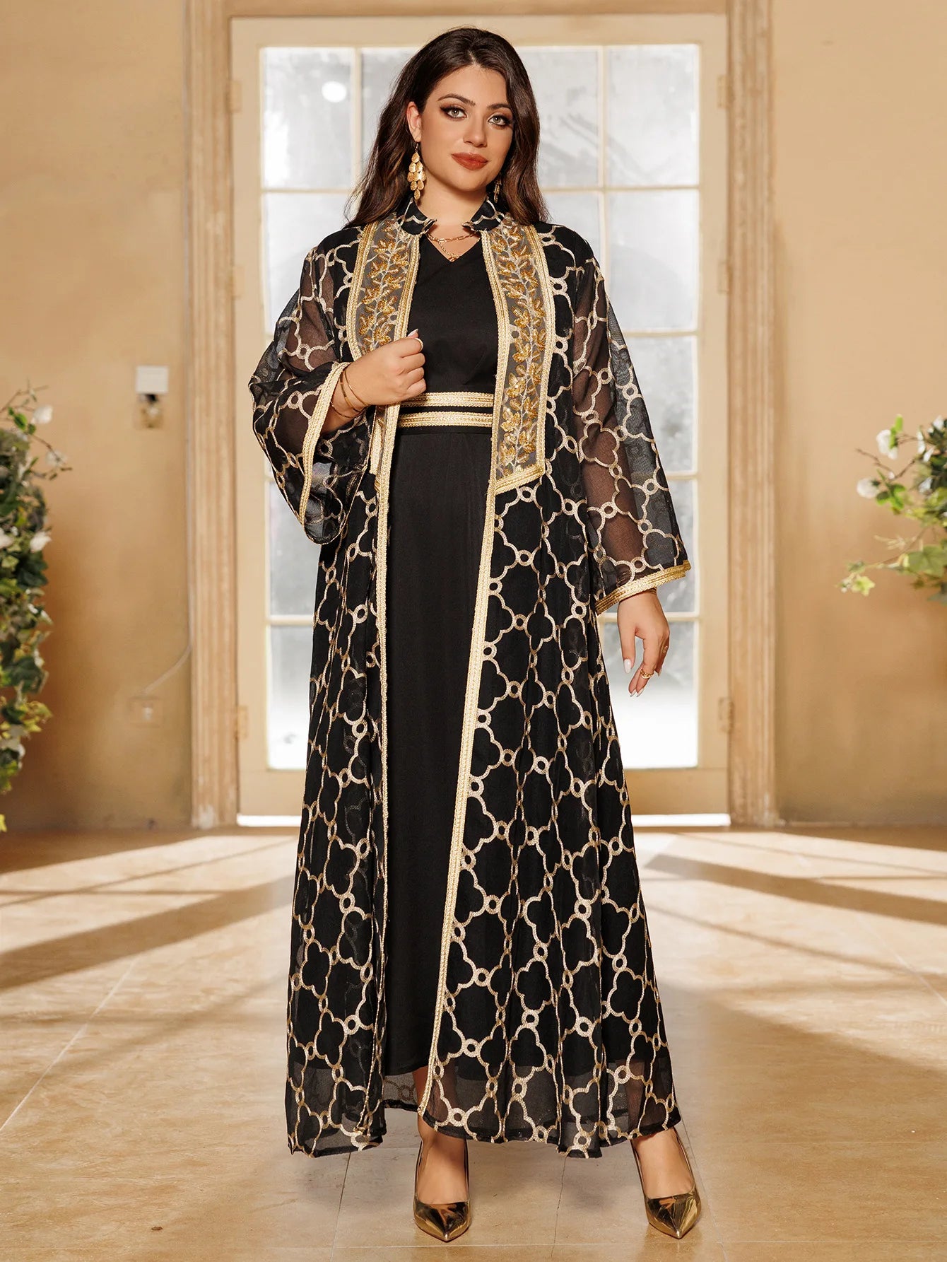 Muslim Dresses 2 Piece Sets for Women Moroccan Kaftan Embroidery Jalabiya Ramadan Dubai Open Abayas Islam Vestidos Cardigan Robe