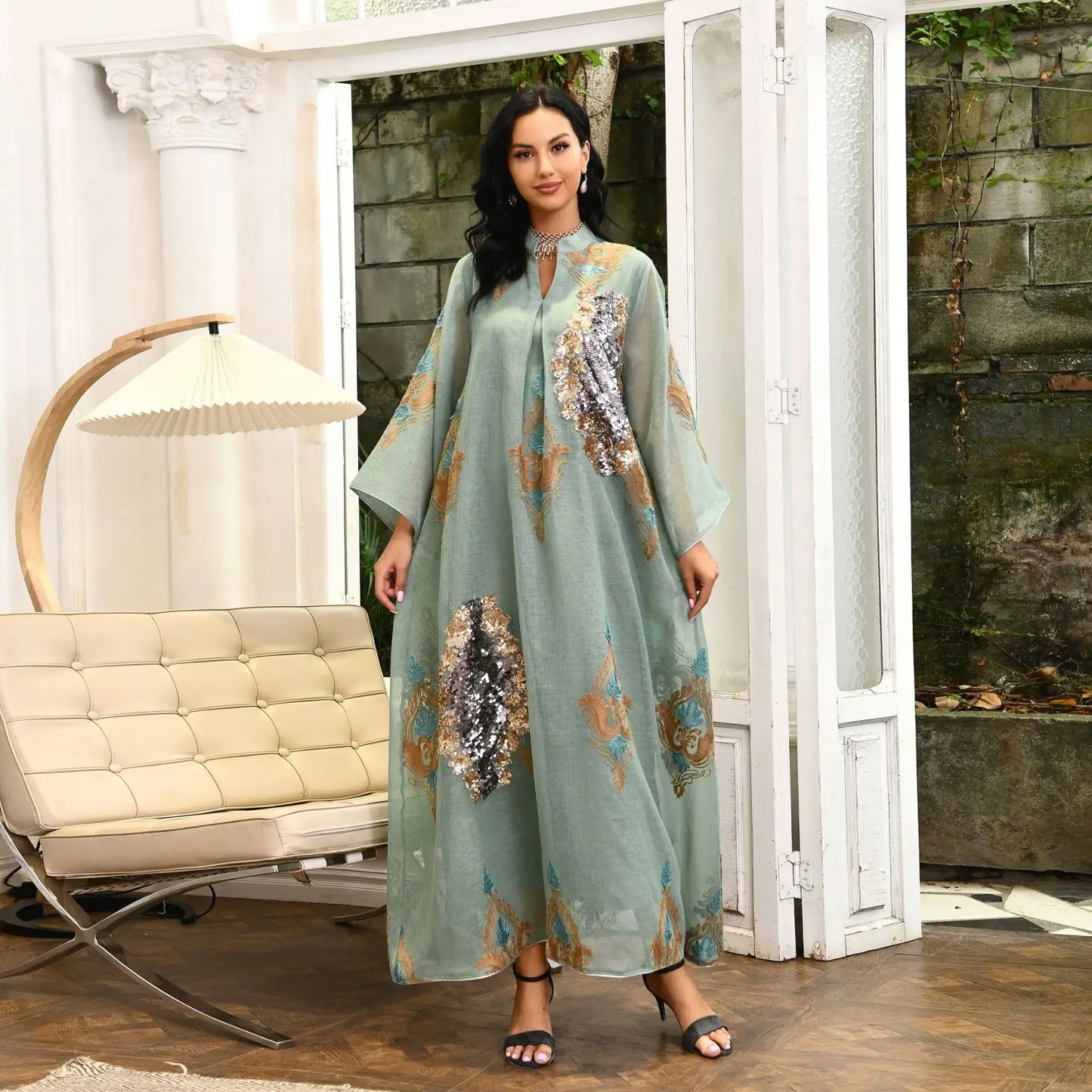 Kaftan Muslim Abaya Clothes for Muslim Women Summer Fashion Muslim Women Long Sleeve V-neck Sequin Long Maxi Dress Dubai Abaya
