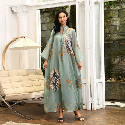 Kaftan Muslim Abaya Clothes for Muslim Women Summer Fashion Muslim Women Long Sleeve V-neck Sequin Long Maxi Dress Dubai Abaya