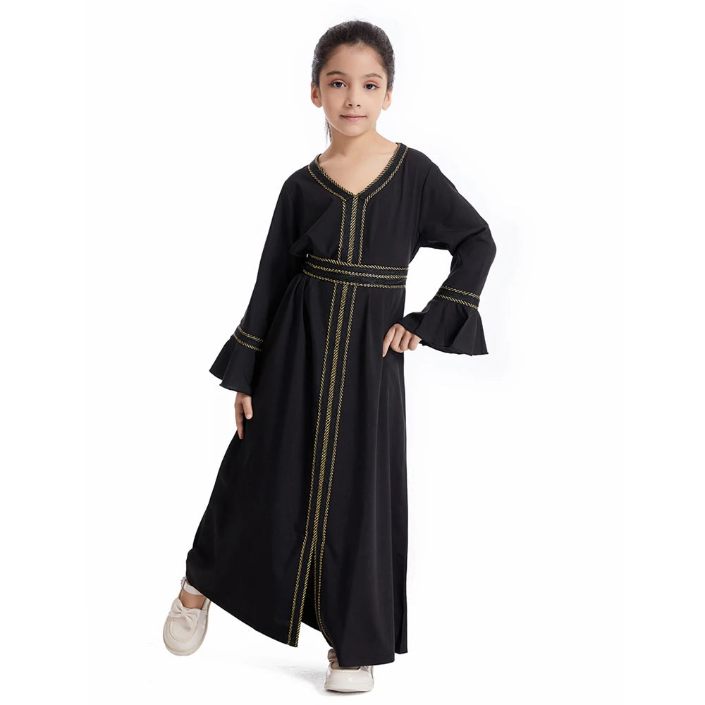 Muslim Kids Girls Maxi Dress Ramadan Eid Djellaba Dubai Abaya Turkey Kaftan Islamic Clothing Arabic Robe Children Prayer Gown
