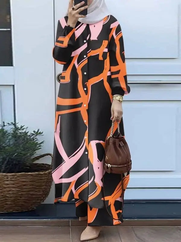 Women Muslim Matching Sets Retro Floral Print Long-style Shirt & Wide Leg Pants Sets Fashion Muslim Female Suit Dubai Tracksuits